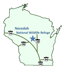 Wisconsin Map marking the Necedah National Wildlife Refuge, Necedah WI